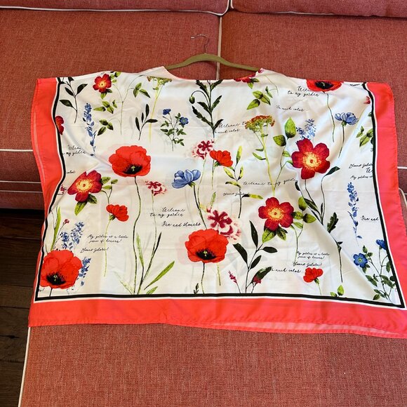 CHICOS WOMENS FLORAL PRINT PONCHO S/M  CORAL GREEN AND WHITE - Picture 5 of 9